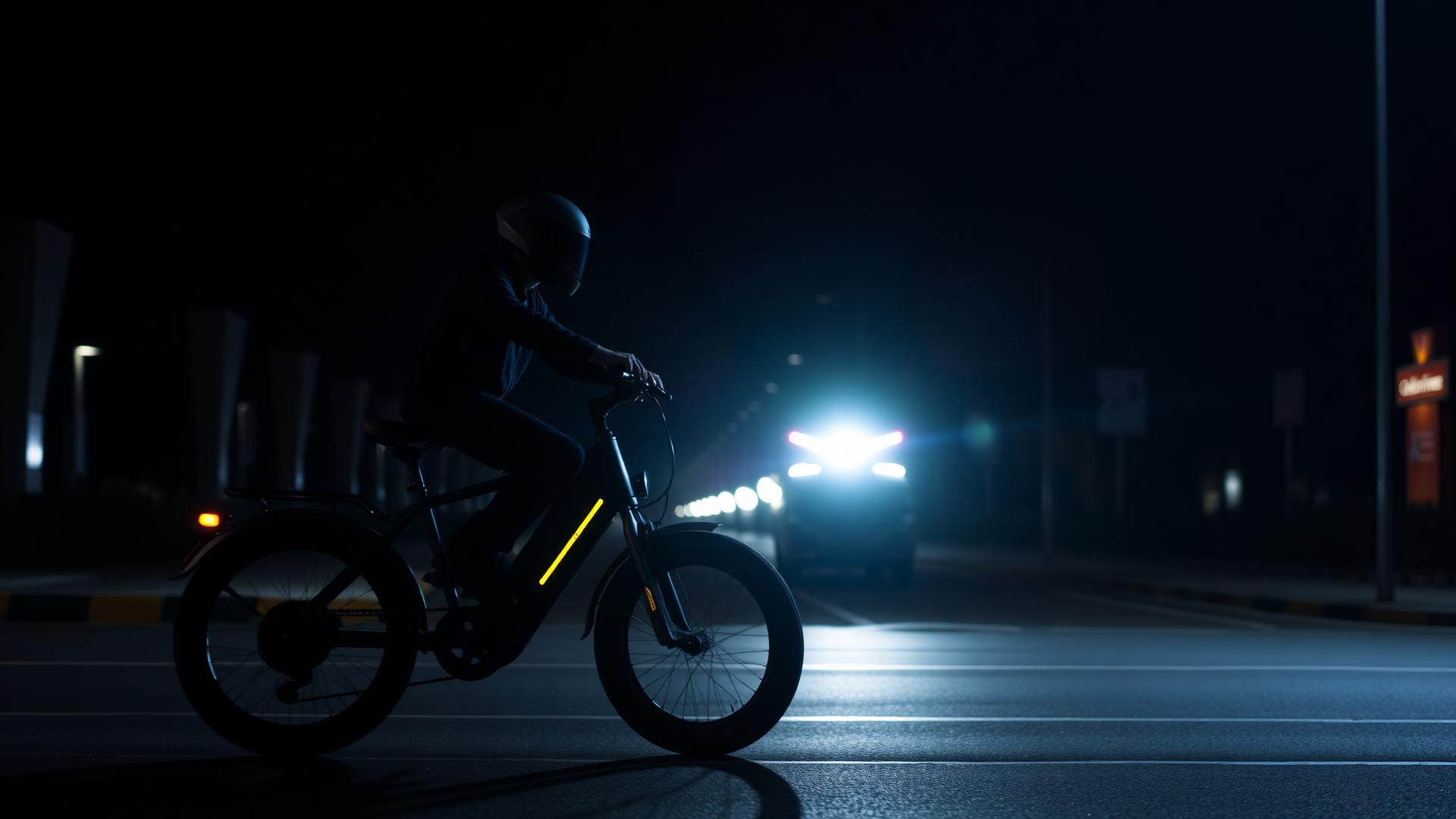 Ciclista pilotando bicicleta elétrica à noite na cidade